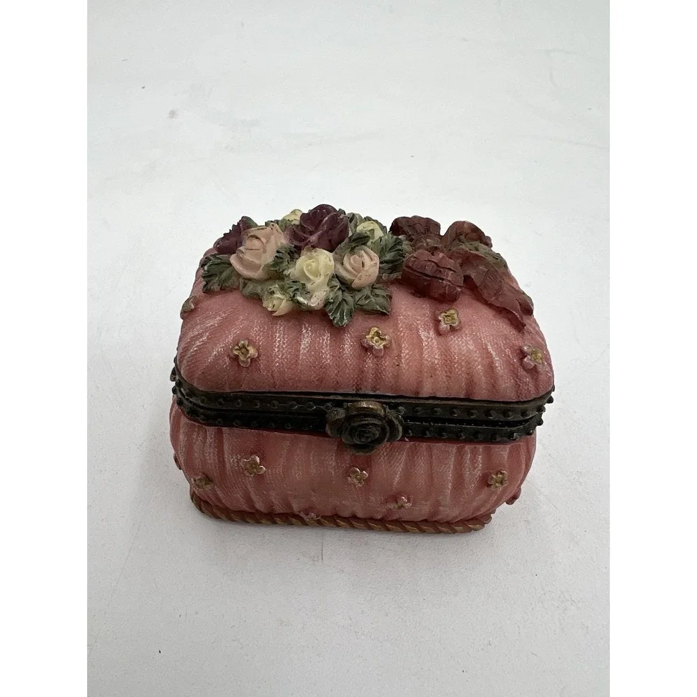 Pink Floral Decorative Trinket Box with Hinged Lid Collectible